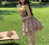Daiiibabyyy  Vacation Style Floral Oil Painting Mini Slip Dress Female Clothing Hotsweet Summer Fashionable Lace Drawstring Ball Gown Dresses