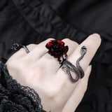 Daiiibabyyy  Retro Goth Style Red Rose Opening Rings for Women Punk Personality Crystal Flower Hollow Finger Ring Hip Hop Rock Party Jewelry