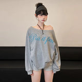 DAIIIBABYYY  -  Commuting Loose Casual Style Spicy Girl Japanese Retro Letter Printed Slanted Neck Shirt Women Slim Versatile Top