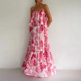 Daiiibabyyy  Sexy Off Sholder Waistband Vacation Dress Floral Print Elegant Bohemian Long Dress Women Casual Sleeveless Pleated Maxi Dresses