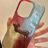 Daiiibabyyy  Vortex Pattern IND Splicing Color Block Phone Case with 3D Sausage Dog for iPhone  11 12 13 14 15 16 17 Pro Max