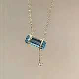Daiiibabyyy  Blue Square Sugar Necklace Fresh Simple Zircon Tassel Design Exquisite Trend Pendant Necklace Women's Popular Jewelry Gift