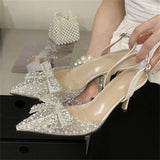 Daiiibabyyy  Spring Crystal Bowknot PVC Transparent Pumps Women Pointed Toe Low Heels Wedding Sandals Prom Party Shoes