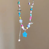 Daiiibabyyy Fashion Y2K Bohemian Beaded Necklaces For Women Sweet Girl Tassel Five-pointed Star Pendant Necklace Clavicle Choker Jewelry