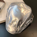 Daiiibabyyy  New Silver PU Leather Forward Hats for Women Spring and Autumn Travel Fashion Versatile Street Trend Yuppie Berets Cap Men