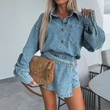 DAIIIBABYYY  -  Office Fashion Button Denim Outfit Sexy Irregular Slim Mini Shorts Two Piece Sets New Spring Lapel Long Sleeve Shirt Women Suits