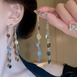 Daiiibabyyy  Long Colorful Sequins Disc Tassel Dangle Earrings Silver Color U Hook Metal Chain Drop Earrings for Women Party Evening Jewelry