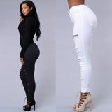 Daiiibabyyy  Women's Black High Waist Jeans Distressed Cotton Denim Pants Ripped Five Pocket White Cuffed Hem Slim Fit Jeans