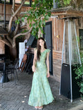 Daiiibabyyy  Green Floral Print Maxi Dress Summer Beach Vacation Essential Beautiful V-Neck Sleeveless High Waist A- Line Dress