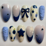 Daiiibabyyy  24Pcs Mid-length Almond Fake Nails Cat's Eye Black Cat Bow Press on False Nails Heart Rhinestone Reusable Full Cover Nails Tips