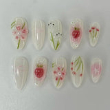Daiiibabyyy  24Pcs Blue Pink Smudge False Nails Press on Bow Flower Butterfly Star Full Cover Nails Tips Mid-length Almond Wearable Fake Nail
