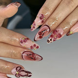 Daiiibabyyy  24pcs Vintage Flower Press On Nails Wine Red Bowknots Cherry Designs Almond False Nails French Style Reusable Fake Nail Tips