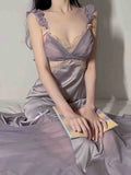 Daiiibabyyy Spring Sexy Silk Strap Dress Women French Elegant Party Fairy Dress Backless Lace Long Dresses Women Court Vintage Korean