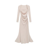 Daiiibabyyy  French Vintage Women Beige Elegant Square Neck Fishtail Evening Party Dresses Autumn Long Sleeve Vacation Pleated Wrap Hip Dress