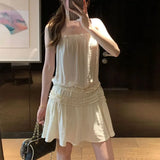Daiiibabyyy  Women's Clothing Fashion Folds Spliced Slip Dresses Solid Color Summer New French Style A-Line Basic Waist Sleeveless Mini Dress