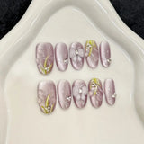 Daiiibabyyy  10pcs Crystal Butterfly Handmade False Nails Clear Transparent Purple Cat's Eye Fake Nail With Tulip Flower Press On Nail Almond