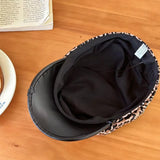 DAIIIBABYYY  -  American Niche Leopard Print Newsboy Hats Women Personality Belt Buckle Design Street Trend Versatile Retro Flat Top Berets Y2k