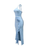 DAIIIBABYYY  -  Solid Minimalist Two Piece Sets for Women Halter Sleeveless Short Tops High Waist Spliced Appliques Skirts Chic Set Female