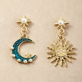 Daiiibabyyy  Fashion Mirco Inlaid Pearl Enamel Blue Moon Sun Asymmetrical Earrings Women Personalized Jewelry Beach Holiday