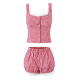 DAIIIBABYYY  -  Street Style Cotton Blend Lace Patchwork Black White Grid Sleeveless Top with Elastic Waist Flower Bud Shorts Women's Set