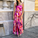 Daiiibabyyy  Elegant Sleeveless Waist Long Romper Fashion Pattern Print Split Suspenders Playsuit Sexy Off Shoulder Tie-Up Bohe Jumpsuit