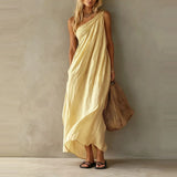 Daiiibabyyy  Cotton Linen Casual Pocket Solid Long Dress Elegant Draped Hight Waist Women Dress Sleeveless Slanted Shoulder Loose Party Dress
