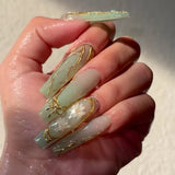 Daiiibabyyy  24pcs Detachable Long Water Pipe False Nails French Sparkling Rhinestone Nail Tips Full Cover Green Daisies Press on Nails DIY