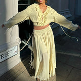 Daiiibabyyy  2025 Elegant Sexy Chiffon Summer Tops Pleated Ruffles Trim V-neck Long Sleeved Sheer Loose Shirts Blouse Holiday Streetwear