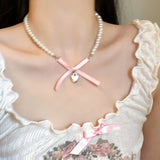 Daiiibabyyy Korean Fashion Y2K Goth Pink Bowknot Heart Pendant Pearl Beaded Clavicle Chain Necklace Women Aesthetic EMO Jewelry Accessories