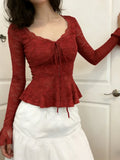 Daiiibabyyy  Sexy Y2k Lace Flower Slim Fit Tshirts for Women 2026 Ropa Mujer V Neck Bandage Cropped Tops Korean Fashion Flare Sleeve T-shirt