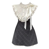 Daiiibabyyy  French Vintage Plaid Fake Two-Piece Dress Women Summer New Lace Splicing Elegant Sleeveless Short Skirt Geometric Pattern Pol...