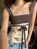 Daiiibabyyy  Fashion Polka Dot Rose Lace Tie Front Women Shirt Elegant Square Neck Sleeveless Ruched Blouse New Commute Street Outerwear