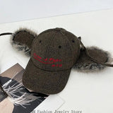 Daiiibabyyy  Earflap Baseball Hat for Girls Women Embroidery Furry Casual Hat for Sports Gym Mountain Camping Hat Outdoor Activity