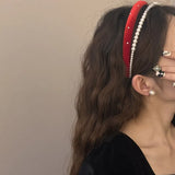 DAIIIBABYYY  -  High-Grade Satin Pearl Headband Korean Retro Double Layer Hair Band Women's Net Red High Skull Top Headband Head Accessories