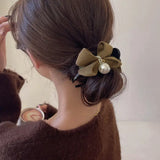 Daiiibabyyy  Velvet Bow Hair Claw Clips For Women Elegant Pearl Ornament Bun Clip Hair Grab Strong Hold Clamps Daily Hair Accessories