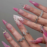 Daiiibabyyy  24pcs Pink Long Pointed Fake Nail Tips 3D Transparent Bowknots Rhinestone Decor Press On Nails Sweet French Style False Nail