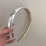 DAIIIBABYYY  - Elegant Silver Bow PU Leather Hair Hoop for Women High Head Top Hairband Unique Headband Hair Accessories