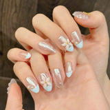 Daiiibabyyy  10pcs Summer Handmade Nails Sets Press on Flower Blue French Short Almond Fake Nails Art Aurora Design False Nail Tips Finished