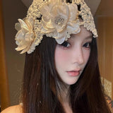 Daiiibabyyy  Girl's Cute Hats Korean Style Retro Pearl Flower Pullover Hat Featuring Knitted Hollowed Out Hook Flower Cap Knitted Bucket Hats