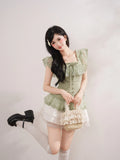Daiiibabyyy  Vintage Japanese Square Collar Short Sleeve Solid Lace Patchwork Bow Women Blouse