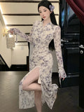 DAIIIBABYYY  -  Autumn Floral Mesh Long Sleeve Chic Bow Collar Long Dress Women Elegant Bodycon Slit Dress 2025 Korean Fashion Party Night Dress