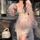 DAIIIBABYYY  -  Korean Print Ruffles Pink Mini Dress Slim Wasit Fairy Puff Sleeve Ball-Gown Square-Collar Vestidos 2025 Summer Chic New Clothes