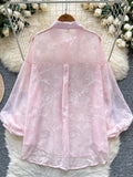 Daiiibabyyy   Embroidered Beaded Lantern Sve irt Women's Summer Thin Loose Outerwear Long Sve Top Korean Sle Commute