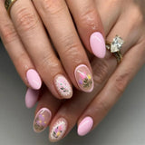 24Pcs Short Round Head Press on Fake Nails with Strawberry Flower Design False Nails Art Datachable Almond Full Cover Nails Tips