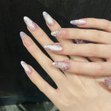 Daiiibabyyy  10pcs Handmade Press On Nails Light Purple French Style Cat's Eye False Nails Gentle Flower Designs Wearable Fake Nail Tips