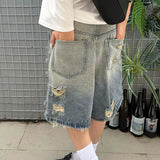 Daiiibabyyy  Streetwear Stylish Ripped Wide Leg Denim Shorts Summer Rough Selvage Women's Clothing Casual Pockets Spliced Basic Loose Shorts