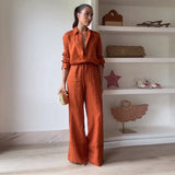 Daiiibabyyy  Casual Solid Shirt Pants Suit Women Fashion Lapel Single Breasted Loose Shirt Wide Leg Drawstring Trouser Spring Female Set