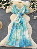 Daiiibabyyy  Woman Vintage Print Dress Doll Collar Bandage Fashion Elegant Vestidos Korean A-Line Puff Sleeve Dresses Vestidos De Mujer