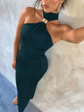 Daiiibabyyy  Women's Black One-Shoulder Choker Neck Bodycon Maxi Dress with Metal Accent
