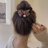 Daiiibabyyy  Velvet Bow Hair Claw Clips For Women Elegant Pearl Ornament Bun Clip Hair Grab Strong Hold Clamps Daily Hair Accessories